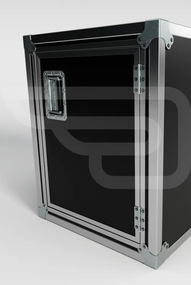 Detalle constructivo con asas, cantoneras y bisagras de un flycase fabricado por Inabox en España.