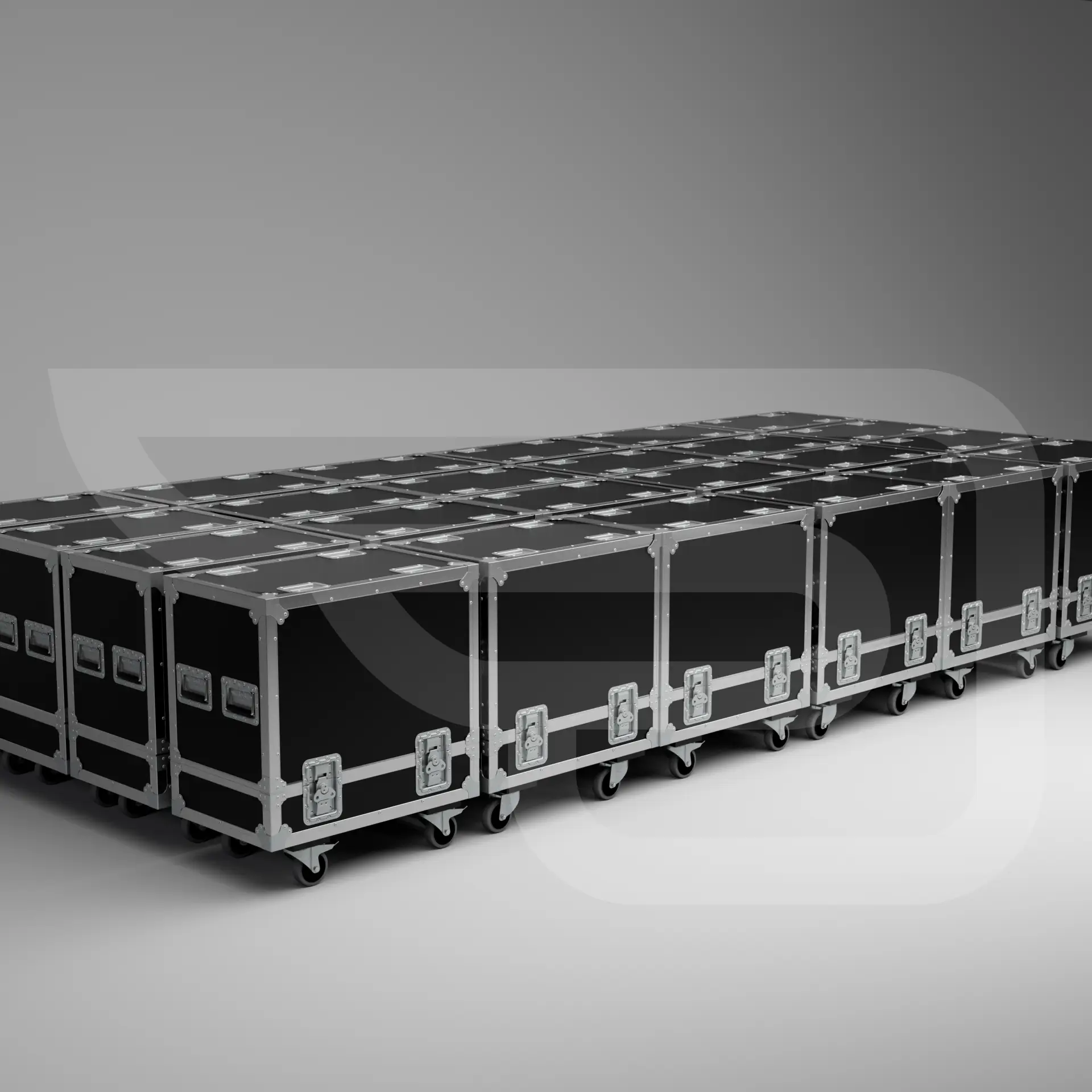 Multiple Flightcases in a Photostudio ready to be shipped to the customer after packed in a batch for the customs. Gran producción de cajas a medida listas para ser enviadas como fly case por avión, transporte marítimo o aéreo.